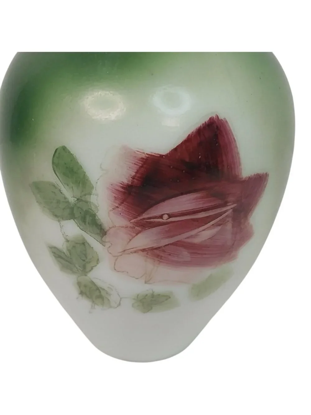 Antique Victorian Hand-Painted Green & White Milk Glass Vase With Red Rose